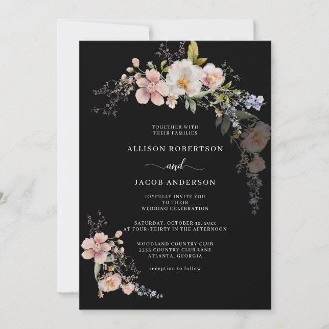 Invitation Fleur sauvage rose botanique Floral Black Mariage (Devant)
