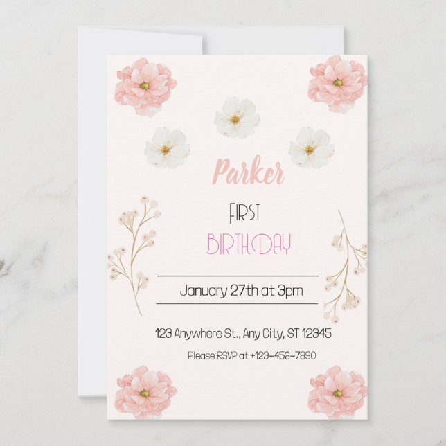 Invitation Fleur sauvage rose Floral Gitrday fête d'anniversa (Devant)