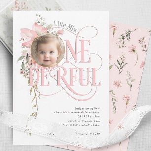 Invitation Fleur sauvage rose Miss Onederful Girl 1er anniver
