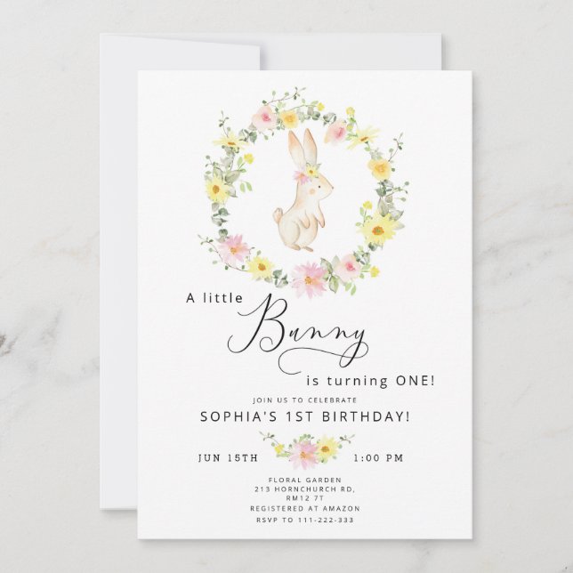 Invitation Fleur sauvage rose petit lapin 1er anniversaire (Devant)