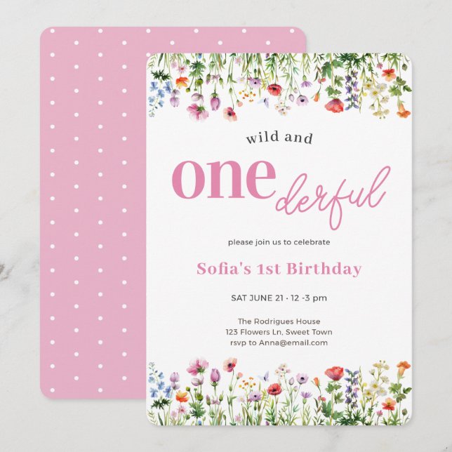 Invitation Fleur sauvage rose sauvage et magnifique 1er anniv (Devant / Derrière)