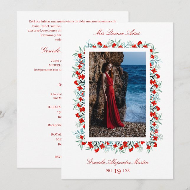 Invitation Fleur sauvage Rouge Garland Quinceañera Sophisticé (Devant / Derrière)