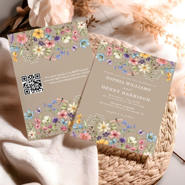Invitation Fleur sauvage Rustic Country Taupe Mariage QR Code (Créateur téléchargé)
