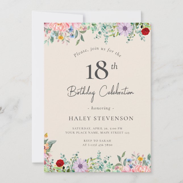 Invitation Fleur sauvage Rustique Boho 18e anniversaire Simpl (Devant)