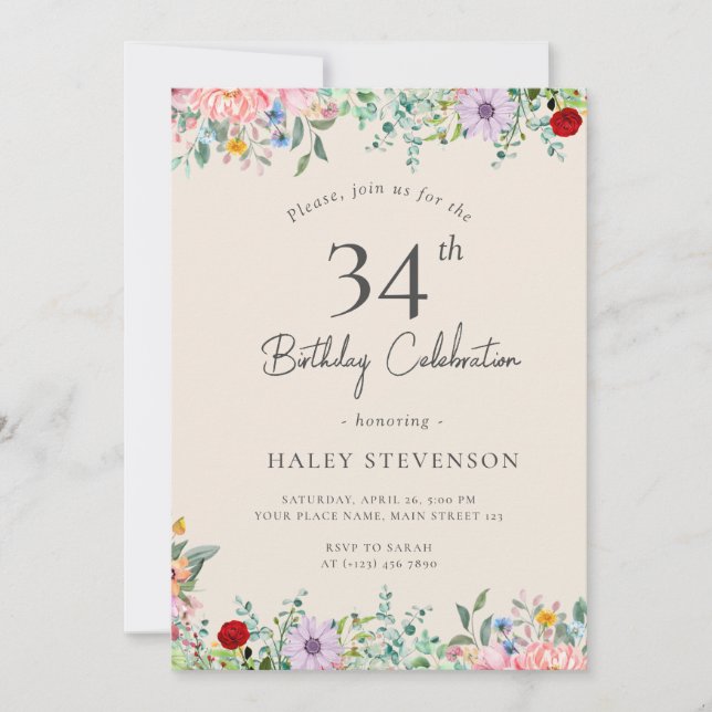 Invitation Fleur sauvage Rustique Boho 34e anniversaire Simpl (Devant)