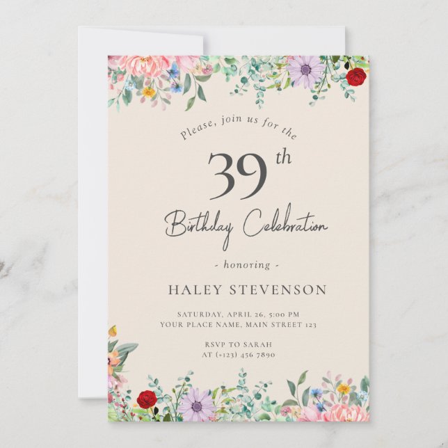 Invitation Fleur sauvage Rustique Boho 39e anniversaire Simpl (Devant)