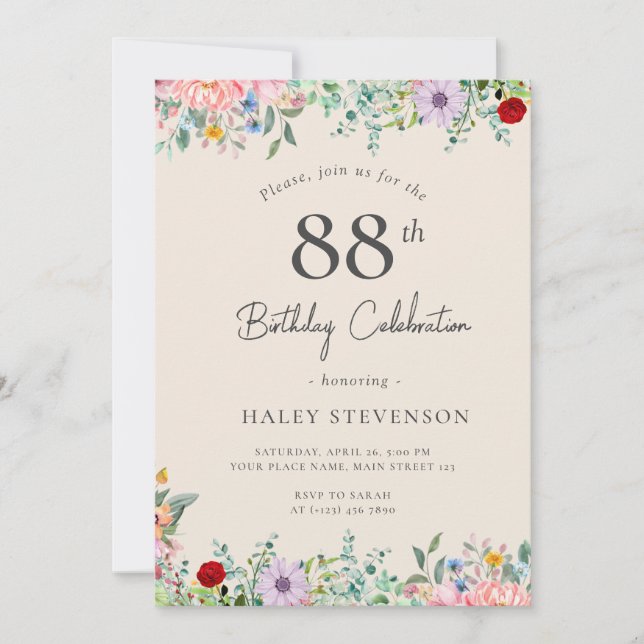 Invitation Fleur sauvage Rustique Boho 88e anniversaire Simpl (Devant)