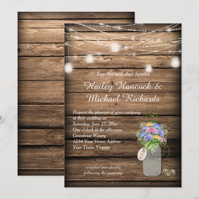 Invitation Fleur sauvage rustique Bouquet Mason Jar Mariage | (Devant / Derrière)