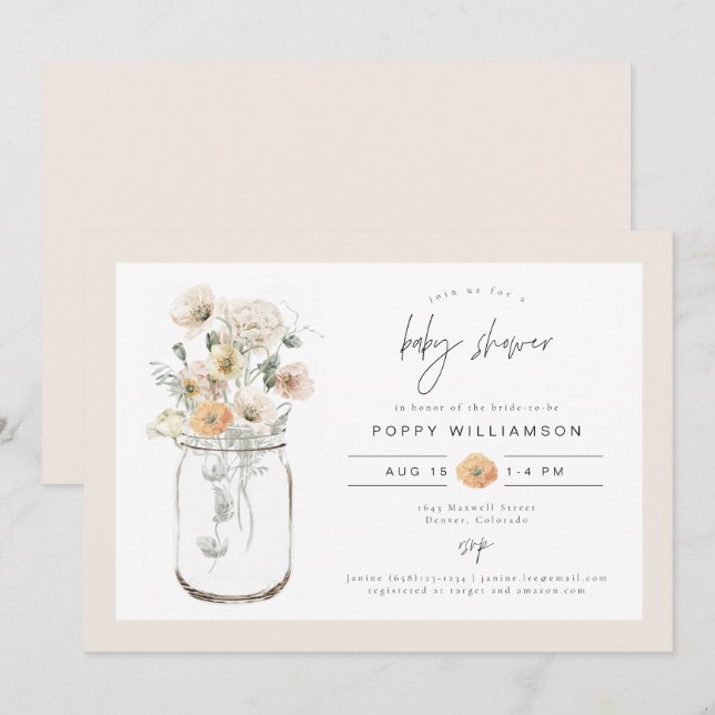 Invitation FLEUR SAUVAGE rustique POPPY Baby shower Mason Jar (Devant / Derrière)