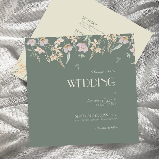 Invitation Fleur sauvage Sage Deco Carré tout en un Mariage (Créateur téléchargé)