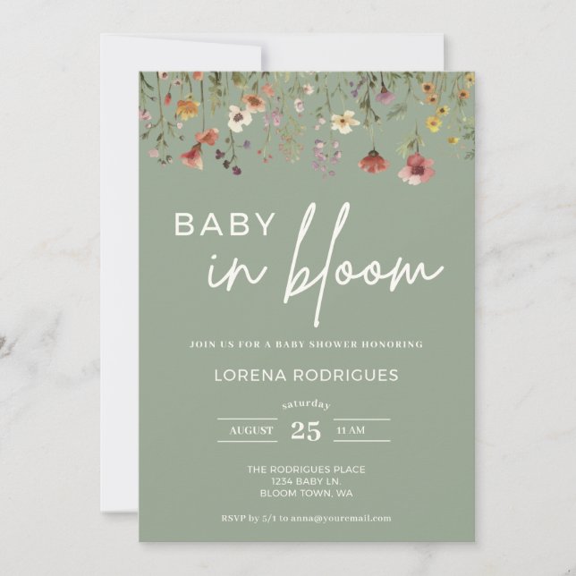 Invitation Fleur sauvage Sage Green Baby dans le Baby shower  (Devant)