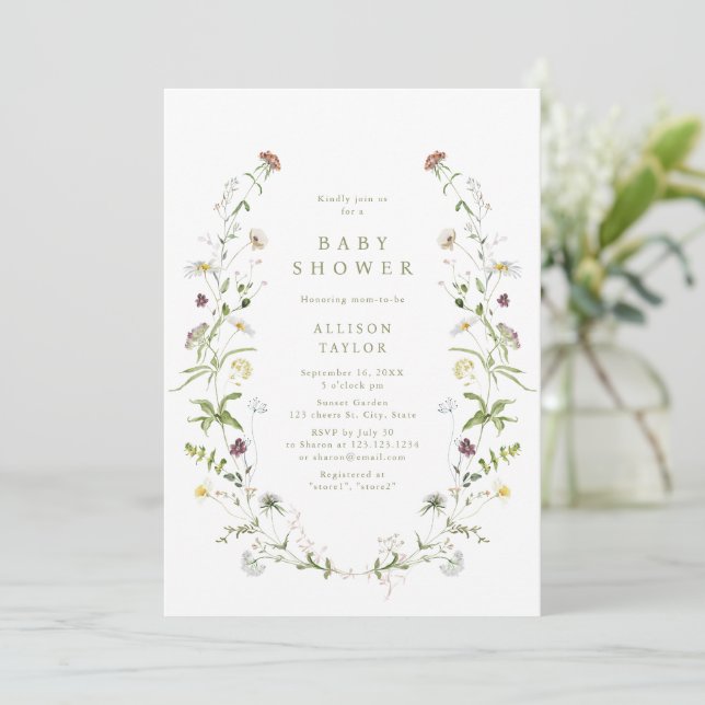 Invitation Fleur sauvage Sage Green Rustic Boho Baby shower (Debout devant)