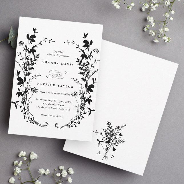 Invitation Fleur sauvage Silhouette Wreath Mariage noir et bl (Front & Back)