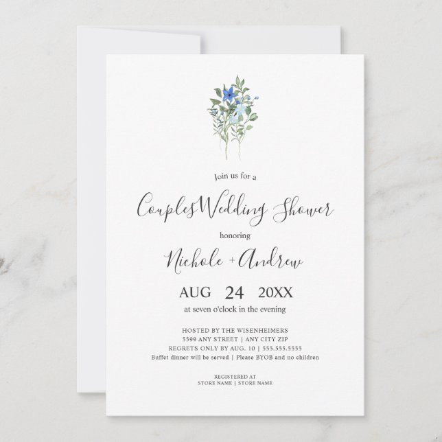 Invitation Fleur sauvage simple bleu Wedding shower Couples  (Devant)
