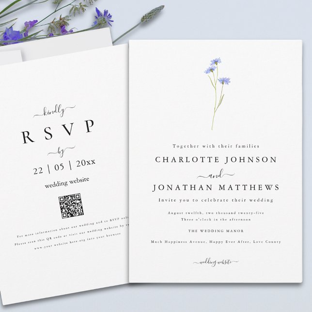 Invitation Fleur sauvage simple Elegant Script QR code Mariag (Minimalist wildflower elegant boho wedding qr code invitation )