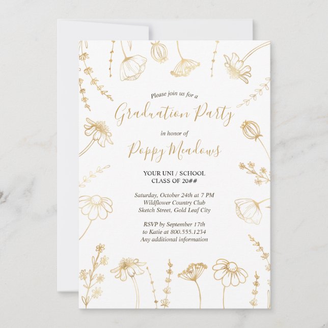 Invitation Fleur sauvage Sketch Gold Flowers Graduation Party (Devant)
