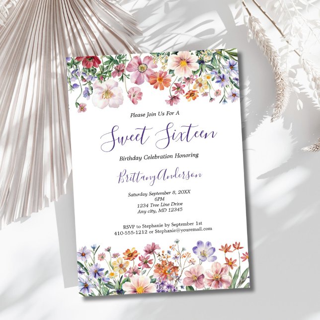 Invitation Fleur sauvage Sweet sixteen aquarelle 16 Anniversa (Wildflowers watercolor florals sweet sixteen 16th birthday invitation. Printed or Digital)