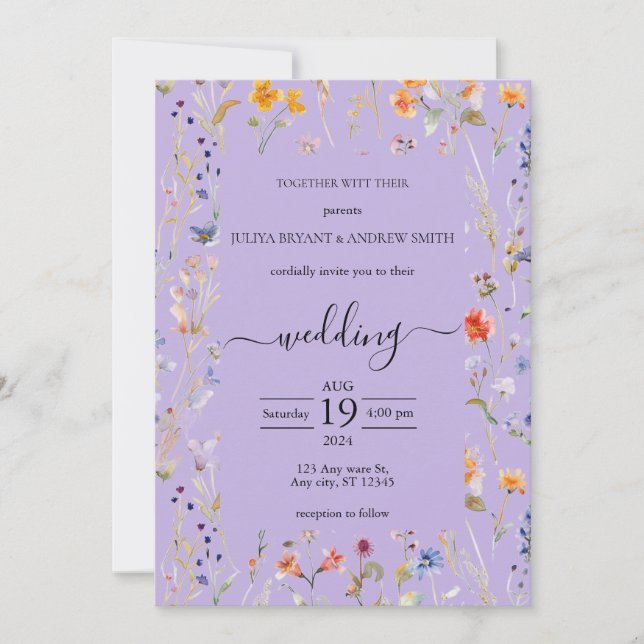 Invitation Fleur sauvage typographie violet mariage (Devant)