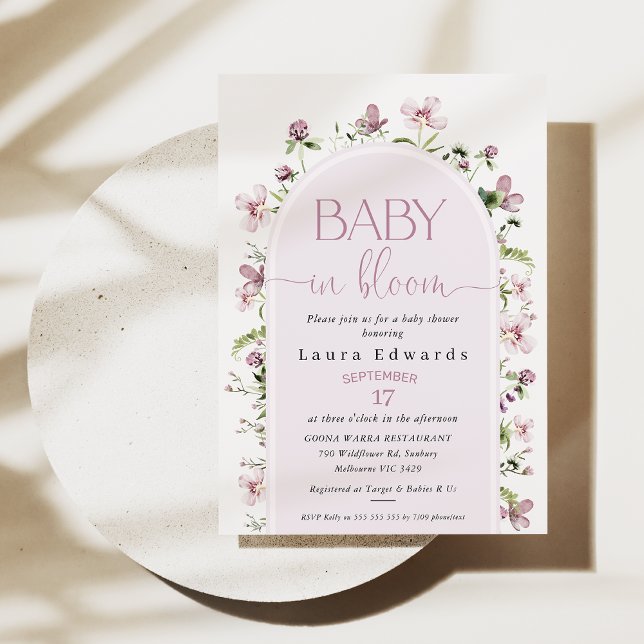 Invitation Fleur sauvage violet Arch Baby Bloom baby shower (Purple Wildflowers Baby In Bloom Baby Shower Invitation, Modern Purple Arch, Gender Neutral )