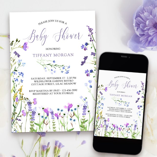 Invitation Fleur sauvage violet Baby shower Dainty Floral (Baby Shower Invitation with delicate wild flowers from my Purple Wildflower Collection.
)