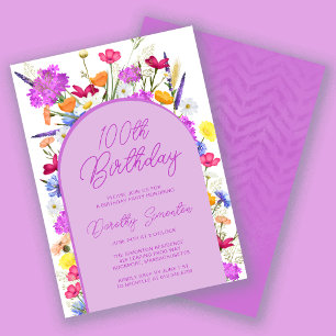 Invitation Fleur sauvage violet Boho Arch 100e fête d'anniver