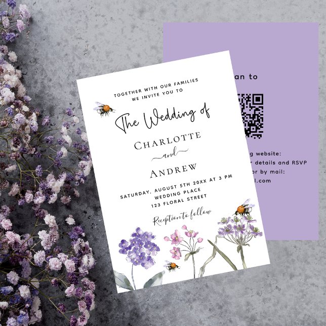 Invitation Fleur sauvage violet rose QR RSVP détails mariage (Créateur téléchargé)