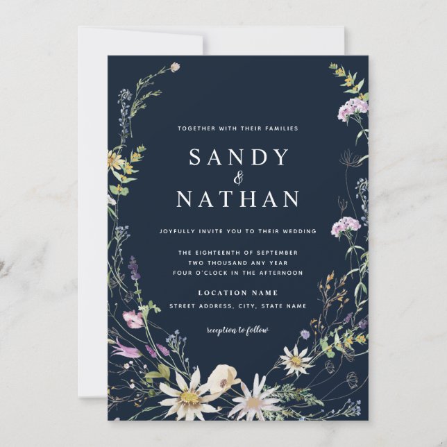 Invitation Fleur sauvage Whimsical de la Marine Mariage botan (Devant)