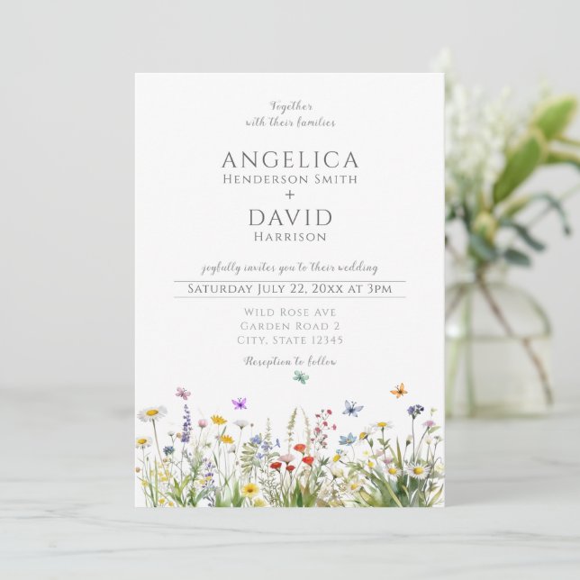Invitation Fleur sauvage Whimsical Papillons Mariage (Debout devant)