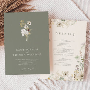 Invitation Fleur sauvage Whimsical Simple Sage Vert Tout en u