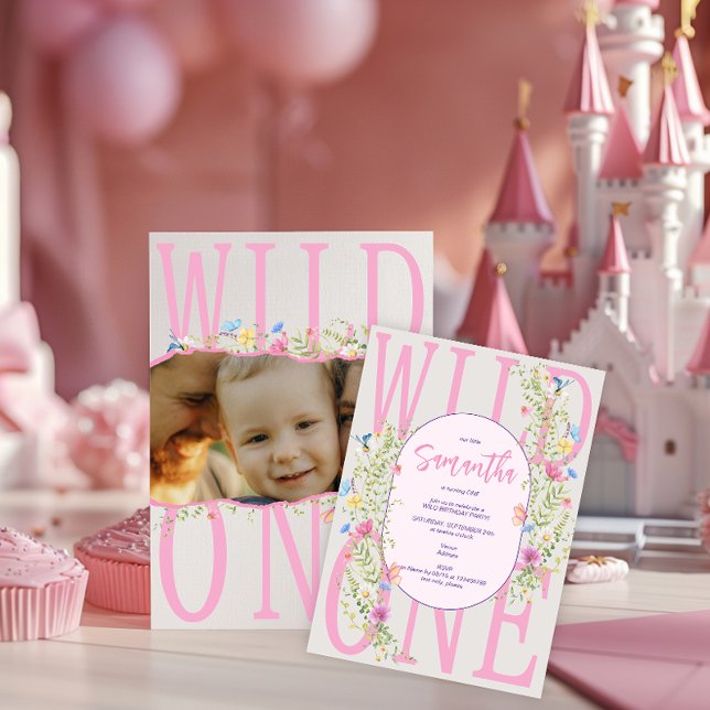 Invitation Fleur sauvage Wild One Boho Girl Photo 1er anniver (Wildflower Wild One Boho Girl Photo 1st Birthday Invitation Any Age Pink Girly Birthday Party Invite)