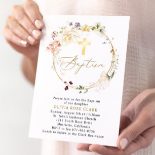 Invitation Fleur sauvage Wreath Baptême Christening Gold Fram