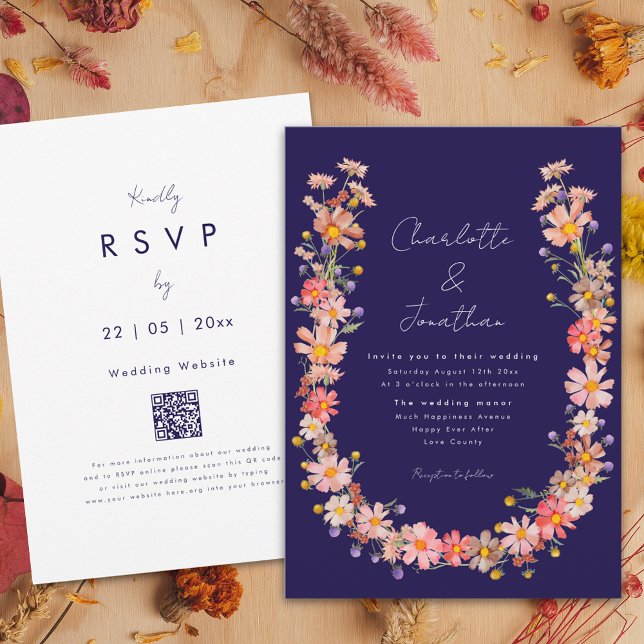 Invitation Fleur sauvage Wreath Marine Mariage de automne ble (Wildflower wreath fall navy blue wedding invitation with dried flowers and boho whimsical script)