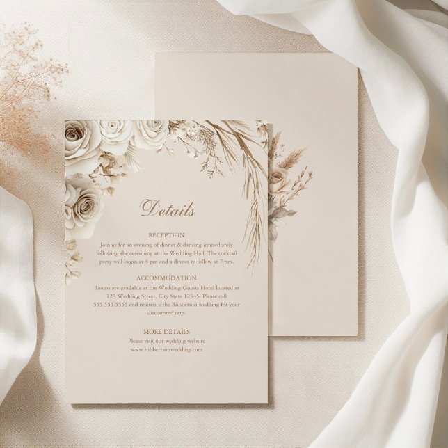 Invitation Fleur séchée beige et Rose blanche Détails du Mari (Beige Dried Flower and White Rose Wedding Details Invitation on an elegant silky tablecloth)