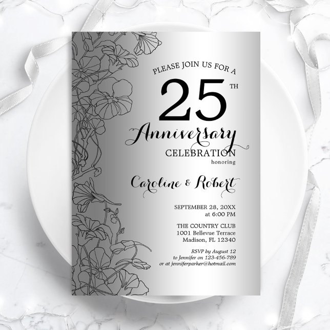 Invitation Fleur Silver Black 25e Anniversaire (Créateur téléchargé)