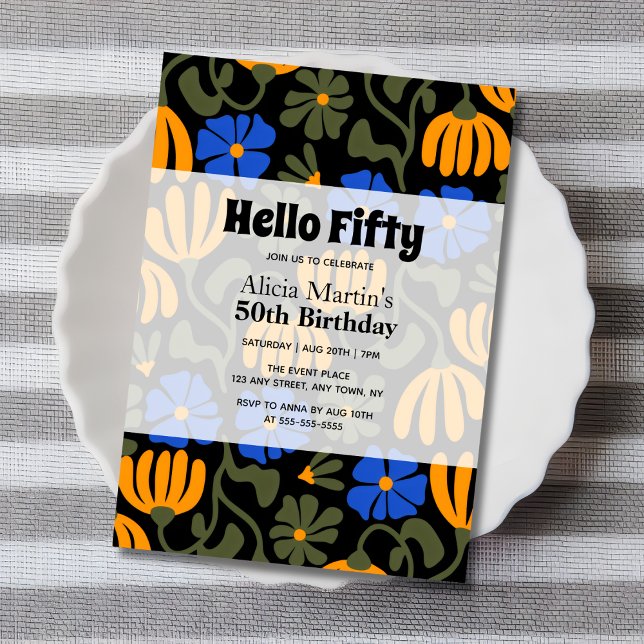 Invitation Fleur Super vintage Bonjour Cinquante Noir Anniver (Créateur téléchargé)