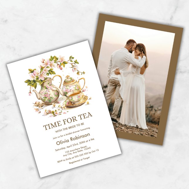 Invitation Fleur Teapot Time pour Tea Photo Fête des mariées (Floral Teapot Time for Tea Photo Bridal Shower Invitation )
