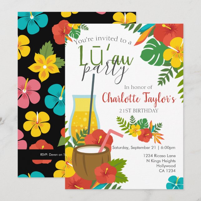 Invitation Fleur tropicale Luau (Devant / Derrière)