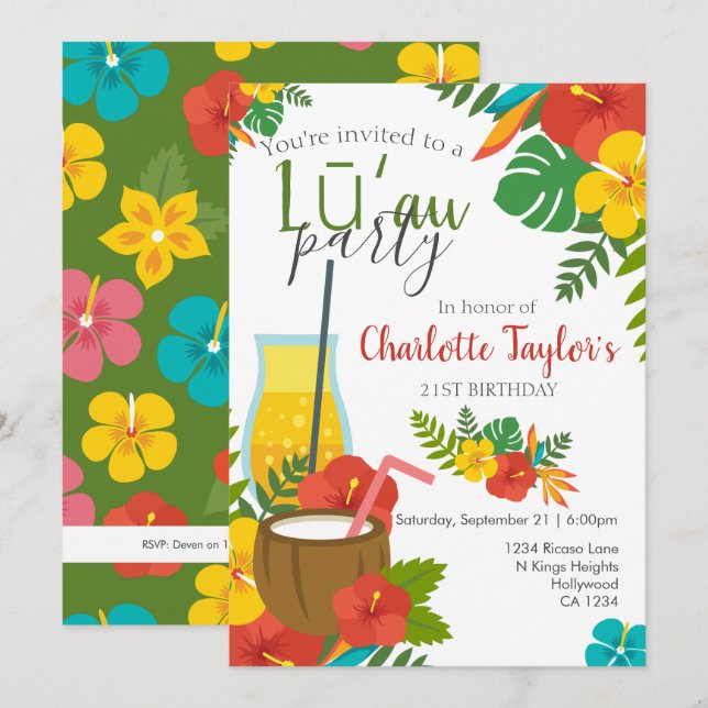 Invitation Fleur tropicale Luau (Devant / Derrière)