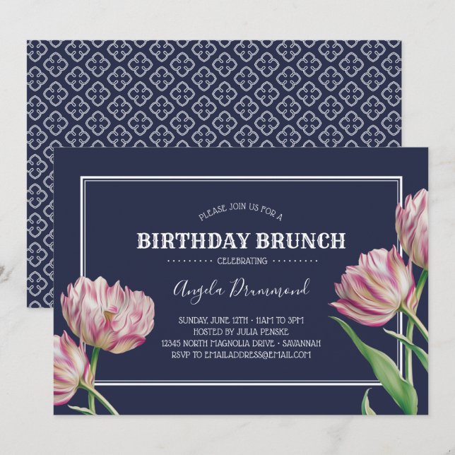 Invitation Fleur Tulip Anniversaire Brunch Bleu (Devant / Derrière)