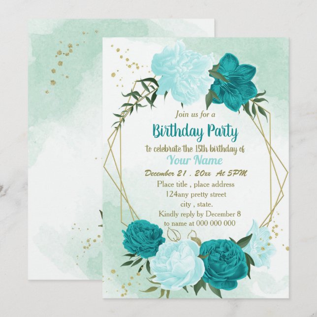 Invitation fleur turquoise vert feuilles anniversaire (Devant / Derrière)
