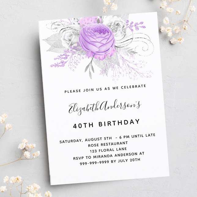 Invitation Fleur violet d'anniversaire élégant luxe argent (Créateur téléchargé)