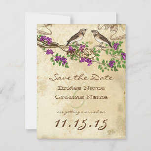 Invitation Fleur violette Branche Vintage Oiseaux Mariage RSV