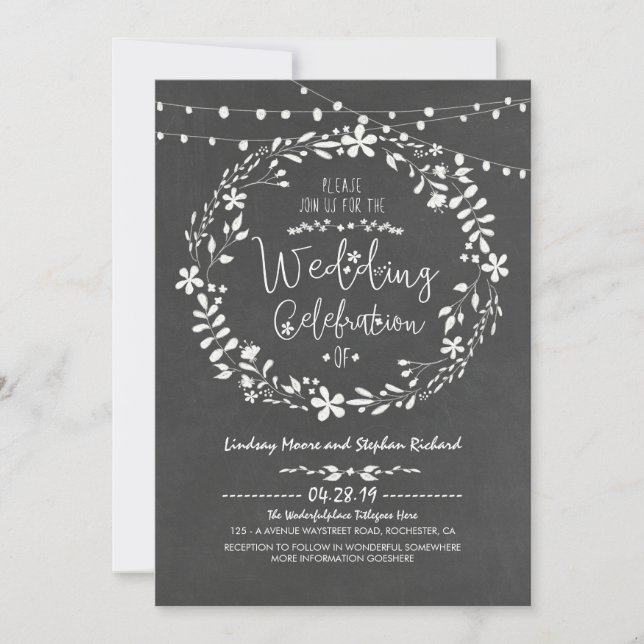 Invitation Fleur Wreath Rustic String Lumières Mariage Invite (Devant)