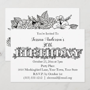 Invitation Fleurie Anniversaire Noir et Blanc Joli