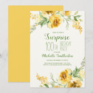 Invitation Fleurie aquarelle jaune élégante 100e anniversaire