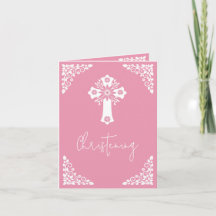Invitation Fleurie Croix Baptême Rose Pâle