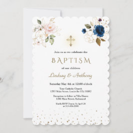 Invitation Fleuron bleu rose or de la marine Jumeaux Baptême