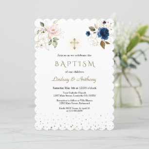 Invitation Fleuron bleu rose or de la marine Jumeaux Baptême