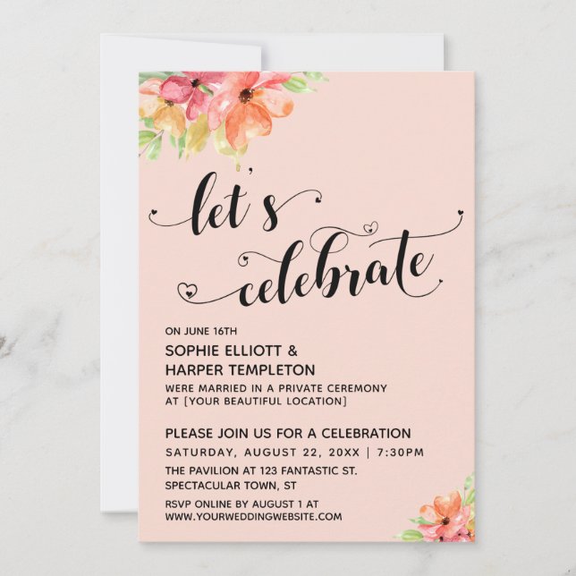 Invitation Fleurons Célébrons les Cœurs Script Floral Rose Pâ (Devant)