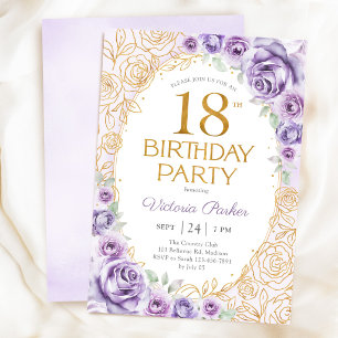 Invitation Fleurs 18e Anniversaire Lilas Violet Or